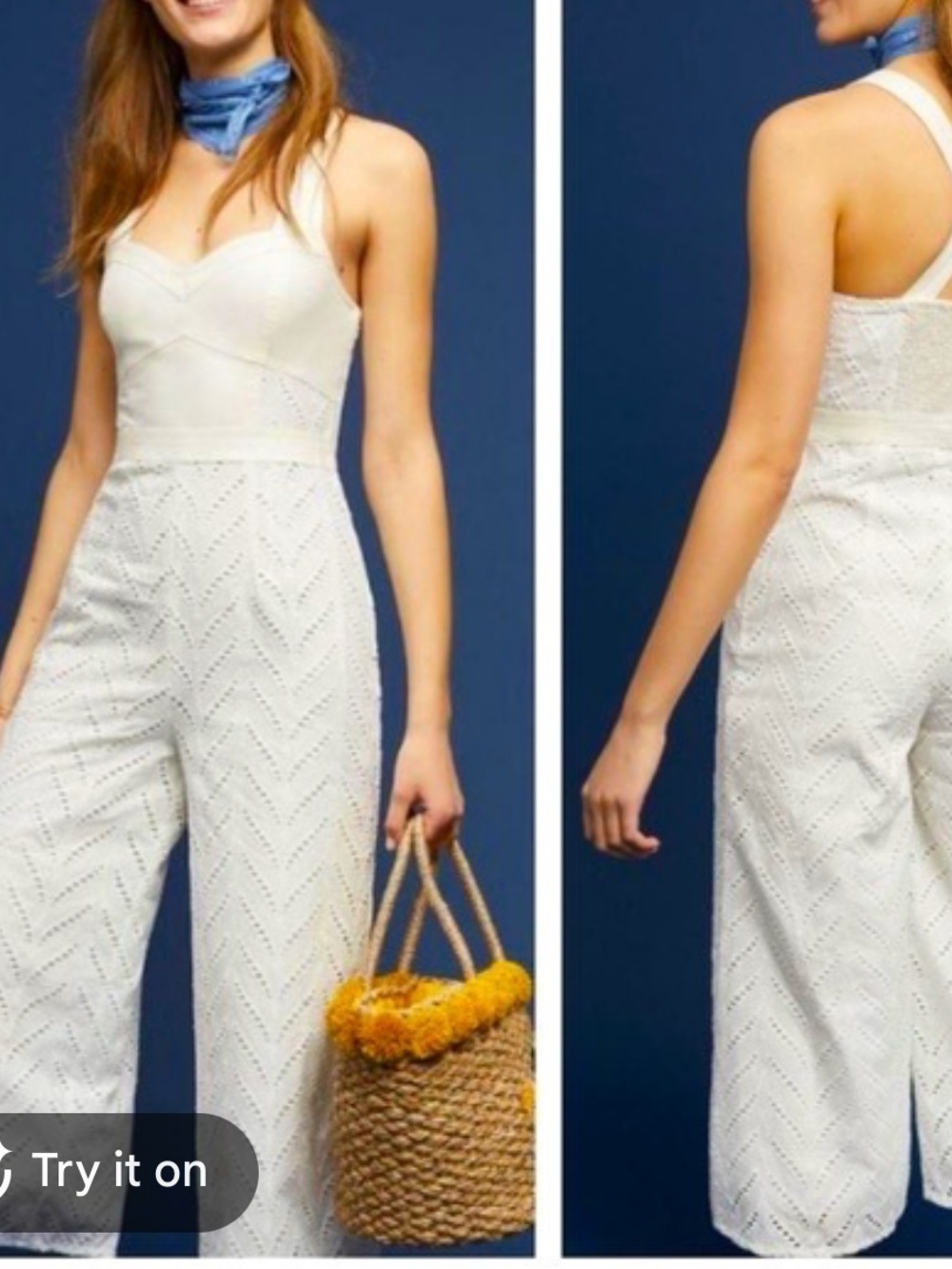 Anthropologie White Eyelet Cropped Wide Leg Jumpsuit Criss Cross Back Size 10